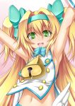  1girl armpits arms_up bell blazblue blonde_hair bust green_eyes hairband heart heart-shaped_pupils long_hair looking_at_viewer navel open_mouth platinum_the_trinity roura smile solo symbol-shaped_pupils twintails very_long_hair 