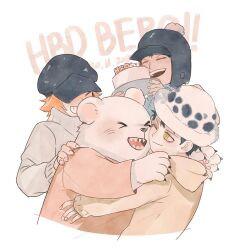  &gt;_&lt; 4boys bear bear_boy bepo birthday_cake black_hat brown_hair cake claws closed_eyes fingernails food furry furry_male grin hand_on_another&#039;s_shoulder happy_birthday hat hood hood_down long_sleeves male_focus multiple_boys one_eye_closed one_piece pawpads penguin_(one_piece) polar_bear rami_rz shachi_(one_piece) sharp_teeth sleeves_past_wrists smile teeth trafalgar_law 