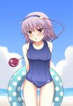  1girl :o beach breasts clouds eyeball hairband heart highres houjicha+ innertube komeiji_satori one-piece_swimsuit purple_hair red_eyes sand school_swimsuit short_hair sky solo swimsuit third_eye touhou water 