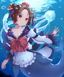  absurdres bow bowtie brown_hair bubble clantail dress fins fish_girl fish_tail frilled_dress frills hair_ornament highres japanese_clothes jellyfish light_blush mahou_shoujo_ikusei_keikaku mahou_shoujo_ikusei_keikaku_restart ocean red_bow red_bowtie red_eyes tail underwater yonkun_3 