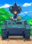  3girls akiyama_yukari brown_eyes brown_hair caterpillar_tracks clouds dirt_road girls_und_panzer lifting long_hair looking_at_viewer military military_vehicle mountain multiple_girls nishizumi_miho panzerkampfwagen_iv school_uniform short_hair skirt smile takebe_saori tank tks_(chikuwa) vehicle 