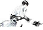  1girl black_hair chin_rest hands_together looking_at_viewer monochrome original sawasawa shoes short_hair sitting solo spot_color striped striped_pants suitcase yellow_eyes 