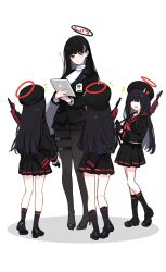  4girls beret black_hair black_halo black_pantyhose blazer blue_archive blunt_bangs blush flying_sweatdrops gun hair_ornament hair_over_eyes halo hat height_difference high_heels highres holding holding_tablet_pc holster ideolo jacket justice_task_force_member_(blue_archive) loafers long_hair look-alike millennium_science_school_logo miniskirt multiple_girls pantyhose pleated_skirt red_eyes red_halo rifle rio_(blue_archive) sailor_collar school_uniform shoes simple_background skirt sweater tablet_pc thigh_holster turtleneck turtleneck_sweater weapon white_background 