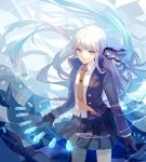  1girl black_gloves blazer blue braid bullet dangan_ronpa dhiea expressionless gloves kirigiri_kyouko long_hair necktie pink_eyes side_braid solo very_long_hair white_hair 