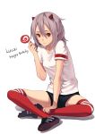  1girl candy fkey grey_hair gym_shorts happy_birthday highres horns indian_style lips lollipop long_hair original over-kneehighs red_eyes red_legwear shoes shorts sitting sneakers soccer_uniform solo swirl_lollipop 