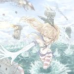  1girl battle black_panties blonde_hair blush breasts elbow_gloves firing gloves hairband kantai_collection long_hair navel open_mouth panties personification re:chaen rensouhou-chan shimakaze_(kantai_collection) skirt sky solo striped striped_legwear thigh-highs torn_clothes torn_gloves underwear water white_gloves 