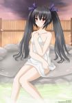  1girl artist_name black_hair blush breasts cherry_blossoms choujigen_game_neptune embarrassed feet_in_water highres kazenokaze long_hair noire onsen red_eyes soaking_feet solo star_(sky) steam towel twintails water 