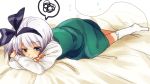  1girl :t blue_eyes crossed_arms hair_ribbon head_rest kneehighs konpaku_youmu konpaku_youmu_(ghost) long_sleeves looking_at_viewer lying no_shoes on_bed on_stomach pout ribbon silver_hair simple_background skirt skirt_set solo speech_bubble squiggle sweat tears touhou tyeinn-suineryuu white_background 