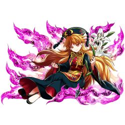  1girl belt black_dress black_footwear black_hat brown_belt closed_mouth crescent crescent_print dalachi_(headdress) dress energy fingernails flower full_body hands_up hat holding holding_flower junko_(touhou) lily_(flower) long_fingernails long_hair long_sleeves looking_at_viewer mandarin_collar neck_ribbon official_art orange_hair phoenix_print pom_pom_(clothes) red_dress red_eyes red_nails red_tabard ribbon shoes sitting smile socha solo tabard tassel touhou touhou_danmaku_kagura transparent_background two-sided_dress two-sided_fabric wavy_hair white_flower wide_sleeves yellow_ribbon 