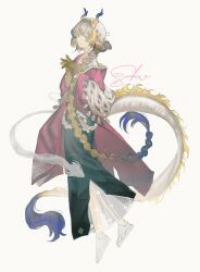  1girl absurdres arknights black_skirt blonde_hair blue_hair braid character_name colored_extremities colored_skin commentary dragon_girl dragon_horns dragon_tail green_eyes highres horns jacket looking_at_viewer multicolored_hair off_shoulder official_alternate_costume official_alternate_hairstyle pink_jacket pointy_ears sandals shawl shu_(arknights) shu_(spring_feast)_(arknights) simple_background skirt smile solo steepled_fingers symbol-only_commentary tail watermark white_background white_footwear white_hair yellow_skin yuishironeko 