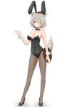  1girl aki_akane animal_ears bare_shoulders bowtie breasts bunnysuit cleavage detached_collar fake_animal_ears fishnet_pantyhose fishnets hat high_heels highres leotard pantyhose rabbit_ears red_eyes shoes short_hair silver_hair solo tail tokin_hat touhou tray wink wolf_ears wolf_tail wrist_cuffs 