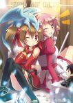  1girl 2girls apron back-to-back breastplate brown_hair character_doll dragon female fingerless_gloves gloves kirito lisbeth male multiple_girls pina_(sao) pink_eyes pink_hair red_eyes short_hair short_twintails silica sword_art_online thigh-highs tougo twintails 