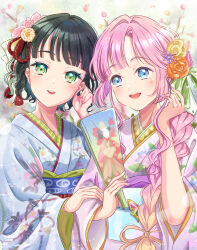 2girls :d absurdres anyoji_hime black_hair blonde_hair blue_kimono blue_sash blunt_bangs blush bow-shaped_hair braid braided_ponytail collarbone commentary_request floral_print floral_print_kimono flower gradient_hair gradient_sash green_eyes hagoita hair_flower hair_intakes hair_ornament hasu_no_sora_karuta_(love_live!) highres holding holding_paddle iroenpitsu_xxx japanese_clothes kimono link!_like!_love_live! long_braid long_hair long_sleeves love_live! momose_ginko multicolored_hair multiple_girls official_alternate_costume official_alternate_hairstyle open_mouth orange_flower paddle partial_commentary pink_hair pink_kimono purple_sash rope sash shimenawa short_hair sidelocks single_braid smile swept_bangs teeth upper_body upper_teeth_only very_long_hair virtual_youtuber wavy_hair wide_sleeves yellow_flower yuri