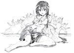  1girl barefoot bow detached_sleeves highres houraisan_kaguya long_hair long_sleeves looking_at_viewer monochrome open_mouth oshake pencil_crayon_(medium) rabbit shirt sitting skirt solo too_many_bunnies touhou traditional_media wide_sleeves 