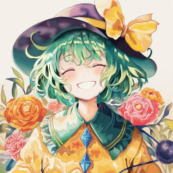  1girl ^_^ absurdres black_hat blush bow buttons closed_eyes collared_shirt commentary_request diamond_button facing_viewer film_grain flower frilled_shirt_collar frills green_hair grin hat hat_bow head_tilt highres komeiji_koishi leaf liefeng_dm orange_flower pink_flower shirt short_hair smile solo straight-on third_eye touhou upper_body yellow_bow yellow_shirt 