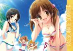  4girls bikini black_hair blonde_hair breasts brown_eyes brown_hair cleavage green_eyes hino_akane_(idolmaster) idolmaster idolmaster_cinderella_girls long_hair moroboshi_kirari multiple_girls ponytail rookie_trainer swimsuit tanihara_natsuki totoki_airi twintails 