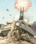  1girl a-10 airplane ak-74 ak-74_(upotte!!) animal_ears artist_name assault_rifle battle bomber cat_ears caterpillar_tracks dated flak_jacket flying green_eyes gun highres kanokoga military military_uniform military_vehicle rifle silver_hair sling smoke tank uniform upotte!! vehicle war weapon zsu-23-4 