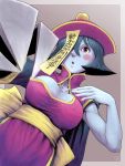  1girl @doy blue_hair blue_skin breasts chinese_clothes claws cleavage cleavage_cutout hat jiangshi lei_lei long_sleeves ofuda open_mouth red_eyes sash short_hair solo vampire_(game) wide_sleeves 