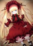  1girl blonde_hair bloomers blue_eyes bonnet bow dress drill_hair flower highres long_hair long_sleeves lying mary_janes pantyhose ribbon rose rozen_maiden shinku shoes solo twintails underwear very_long_hair white_legwear yamaki_suzume 