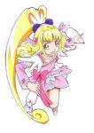  1girl aida_mana blonde_hair cosplay cure_heart cure_heart_(cosplay) dokidoki!_precure frosting_bag half_updo higashiyama_seika long_hair orange_eyes ponytail precure shimoyama_takayasu simple_background solo suite_precure white_background 