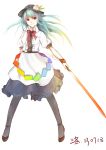  1girl artist_name blue_hair dated food fruit gradient_hair hat highres hinanawi_tenshi long_hair luo3554755 multicolored_hair pantyhose peach red_eyes simple_background solo sword sword_of_hisou touhou weapon white_background 