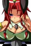  1girl animal_ears between_breasts blue_eyes braid breast_rest breasts bunnysuit chessboard cleavage detached_collar fake_animal_ears hat hong_meiling leotard long_hair necktie rabbit_ears redhead smile solo star teikoku_gensui touhou twin_braids wrist_cuffs 