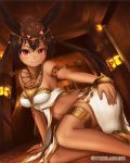  1girl animal_ears animal_on_head anklet armlet bastet blush bracelet brown_hair cat cat_on_head circlet egyptian_clothes jewelry long_hair midriff original red_eyes skirt smile solo ss39 thigh_strap 