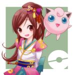  1girl absurdres arms_behind_back brown_hair highres jigglypuff long_hair looking_at_viewer nobunaga_no_yabou oichi_(sengoku_musou) open_mouth pokemon pokemon_(creature) pokemon_+_nobunaga_no_yabou sengoku_musou smile solo wakabayashi_toshiya 