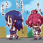  /\/\/\ 2girls =_= aida_mana bag blue_hair braid chibi closed_eyes dokidoki!_precure half_updo hand_on_own_chest heart_attack hishikawa_rikka ikkyuu long_hair multiple_girls pink_hair precure school_bag school_uniform short_hair sweat walking 