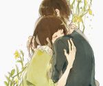  1boy 1girl blush brown_hair c4991 closed_eyes couple flower hetero hug mole original short_hair 