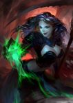  1girl armor black_hair breasts claws fire gauntlets green_fire long_hair magic original solo staff truelion 