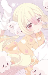  absurdres blonde_hair highres light_blush long_hair looking_at_viewer magical_girl mahou_shoujo_ikusei_keikaku nemurin open_mouth pillow purple_background sakura_mochi_(kanade-8961-uriuri) sleepwear star_(symbol) yellow_eyes 