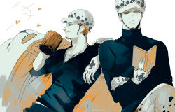  2boys bear_boy bepo chest_tattoo closed_mouth commentary_request crossed_legs facial_hair finger_tattoo furry furry_male goatee hand_tattoo heart highres long_sideburns long_sleeves male_focus monochrome multiple_boys multiple_views one_piece orange_eyes pectoral_cleavage pectorals rami_rz reading sharp_teeth short_hair sideburns tattoo teeth trafalgar_law 