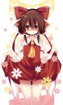  1girl ascot bare_shoulders blush bow brown_hair detached_sleeves hair_bow hair_tubes hakurei_reimu highres long_hair matsuri_uta red_eyes skirt skirt_lift solo touhou 