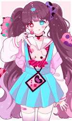  +_- absurdres aqua_skirt black_hair hair_ornament highres long_hair magical_girl mahou_shoujo_ikusei_keikaku mahou_shoujo_ikusei_keikaku_aces monochrome nakano_sorami pink_background sailor_collar sakura_mochi_(kanade-8961-uriuri) school_uniform skirt stuffed_toy thigh-highs twintails white_thighhighs 
