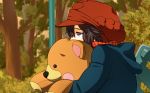  1girl brown_hair depressed hat highres hoodie idolmaster kikuchi_makoto solo stuffed_animal stuffed_toy teddy_bear tonegawa_ribu violet_eyes 