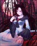  1girl ah-negitorow animal_ears bamboo bamboo_forest breasts brooch brown_hair capelet dress fingernails forest full_moon highres imaizumi_kagerou jewelry lips long_fingernails long_hair long_sleeves moon nature open_mouth red_eyes solo tail touhou very_long_hair werewolf wide_sleeves wolf_ears wolf_tail 