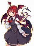  1girl :o ascot bat_wings breasts choker demon_girl demon_tail head_wings highres koakuma long_hair long_sleeves pointy_ears red_eyes redhead shirt skirt solo tail ti-tang touhou vest wings 