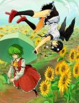  2girls blouse camera dress field flower flying frills geta grin kazami_yuuka multiple_girls pantyhose parasol plaid plaid_dress retora shameimaru_aya short_hair skirt smile sunflower tengu touhou umbrella upside-down wings 