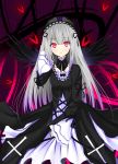  1girl absurdres cross dress flower frills gothic_lolita hairband highres hiiragi_natume lolita_fashion long_hair long_sleeves puffy_sleeves red_eyes ribbon rose rozen_maiden silver_hair solo suigintou wings 