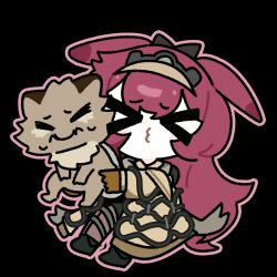  >3< >_< 1girl amedrama animal animal_ears arknights black_background brown_hat brown_jacket brown_pants chibi closed_eyes facing_viewer gloves hat highres holding holding_animal jacket long_hair outline pants ray_(arknights) red_hair simple_background solo_focus unhappy yellow_gloves 