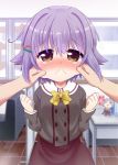  1girl blush brown_eyes cheek_pull hair_ornament hairclip idolmaster idolmaster_cinderella_girls k_hiro koshimizu_sachiko looking_at_viewer purple_hair school_uniform short_hair skirt solo solo_focus tears wavy_mouth 