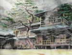  chiikame east_asian_architecture landmark original pine_tree scenery traditional_media tree watercolor_(medium) winter 