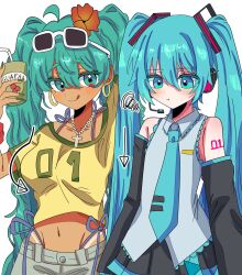  2girls :q ahoge aqua_eyes aqua_hair aqua_necktie aqua_trim bare_shoulders bikini bikini_under_clothes bikini_under_shorts black_skirt black_sleeves brazilian_miku breasts collared_shirt cropped_shirt dark-skinned_female dark_skin detached_sleeves drink dual_persona earrings eyewear_on_head fingernails flat_chest flower green_eyes green_hair green_nails green_trim grey_shirt grey_shorts guarana_antarctica hair_between_eyes hair_flower hair_ornament hatsune_miku headset highres holding holding_drink jewelry kanazuchio multiple_girls navel necklace necktie red_flower shirt shorts skirt smile sunglasses swimsuit tie_clip tongue tongue_out twintails vocaloid white-framed_eyewear yellow_shirt 