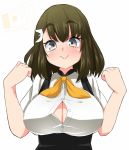  1girl :&gt; breasts brown_eyes brown_hair cleavage dated gatchaman_crowds ichinose_hajime large_breasts short_hair signature simple_background solo white_background 