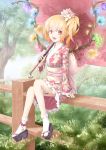  1girl alternate_costume bell blonde_hair fence flandre_scarlet floral_print flower hair_flower hair_ornament japanese_clothes kimono looking_at_viewer noala obi open_mouth oriental_umbrella red_eyes sash side_ponytail sitting sitting_on_object smile solo touhou tree umbrella wings yukata 