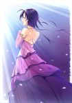  1girl ahoge bare_shoulders dress highres idolmaster miura_azusa nanaran open_mouth pink_dress purple_hair short_hair solo 