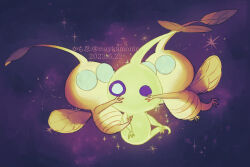  artist_name blue_eyes colored_skin commentary_request creature_focus dated flying ghost_tail glow_pikmin glowing green_skin hug insect_wings leaf maykamonin no_humans no_mouth pikmin_(creature) pikmin_(series) pink_skin purple_background solid_circle_eyes star_(sky) watermark winged_pikmin wings 
