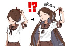  !? 1girl arrow_(symbol) bow bowtie brown_hair brown_sailor_collar brown_skirt dated dress growing_hair infini kantai_collection long_hair multiple_views pleated_dress ponytail sailor_collar sailor_shirt shikinami_(kancolle) shirt short_hair skirt twitter_username untying upper_body very_long_hair white_shirt 