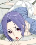 1girl ahoge blue_hair blush drawr head_rest idolmaster looking_at_viewer lying miura_azusa on_stomach red_eyes short_hair solo thesale 